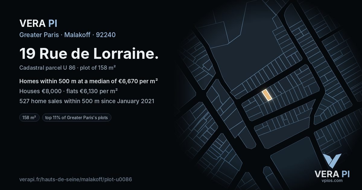 19 Rue de Lorraine, Malakoff at night – the plot lit, the parcels around coloured by the prices near them
