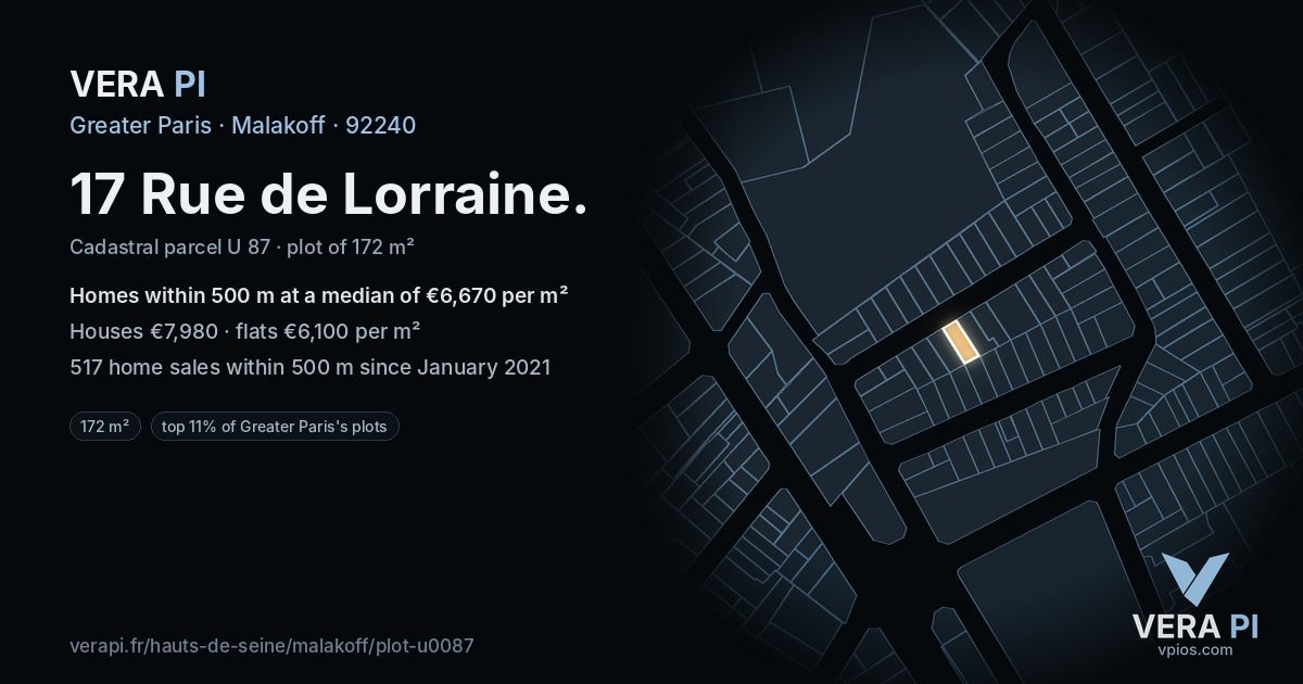 17 Rue de Lorraine, Malakoff at night – the plot lit, the parcels around coloured by the prices near them