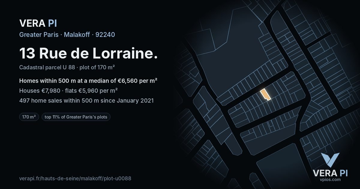 13 Rue de Lorraine, Malakoff at night – the plot lit, the parcels around coloured by the prices near them