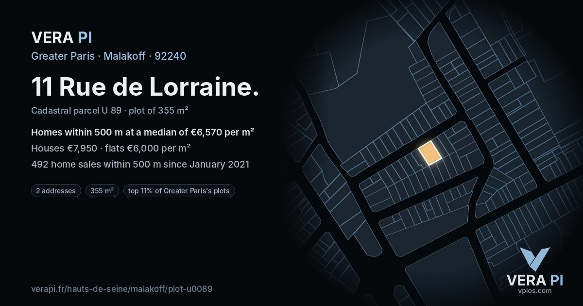 11 Rue de Lorraine, Malakoff at night – the plot lit, the parcels around coloured by the prices near them