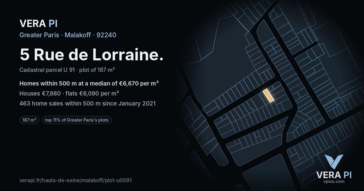 5 Rue de Lorraine, Malakoff at night – the plot lit, the parcels around coloured by the prices near them