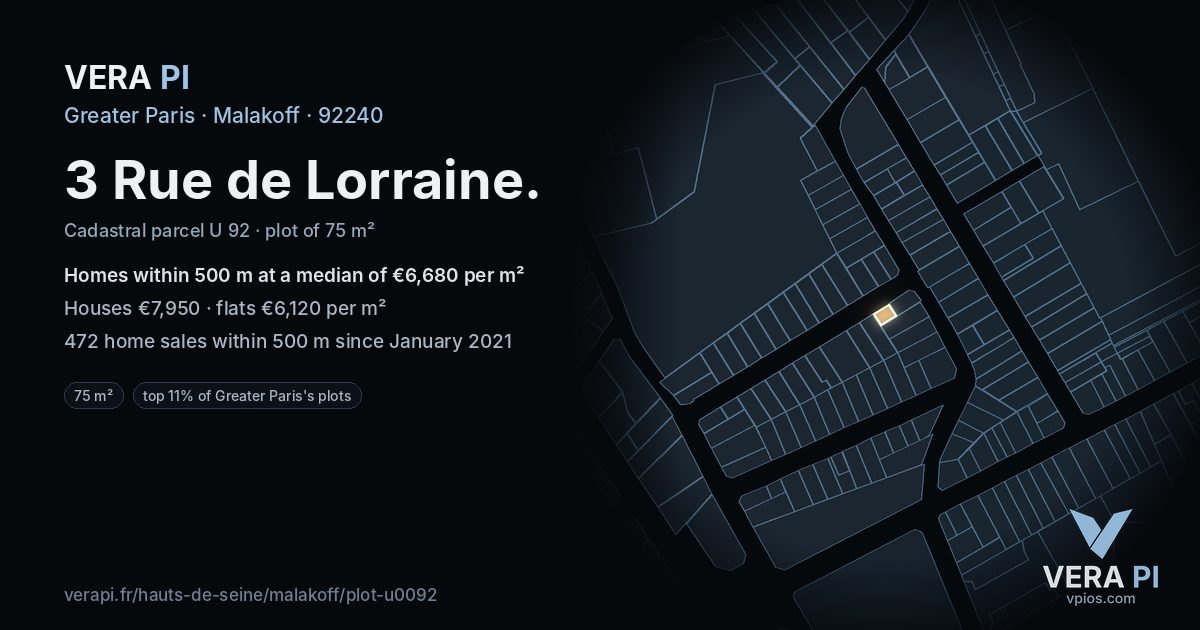 3 Rue de Lorraine, Malakoff at night – the plot lit, the parcels around coloured by the prices near them