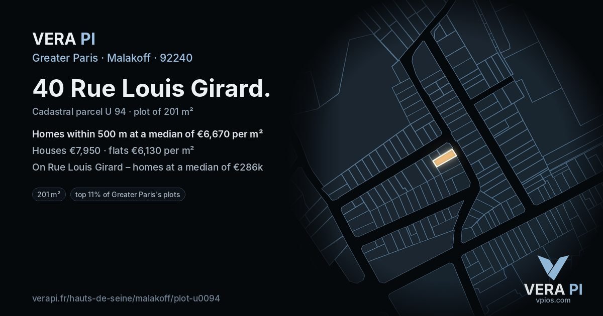 40 Rue Louis Girard, Malakoff at night – the plot lit, the parcels around coloured by the prices near them