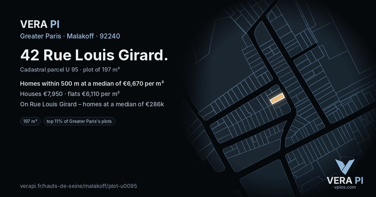 42 Rue Louis Girard, Malakoff at night – the plot lit, the parcels around coloured by the prices near them