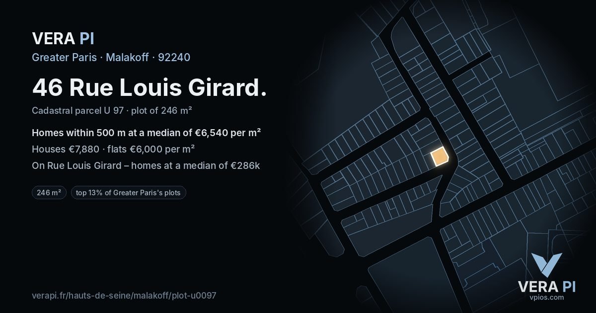 46 Rue Louis Girard, Malakoff at night – the plot lit, the parcels around coloured by the prices near them