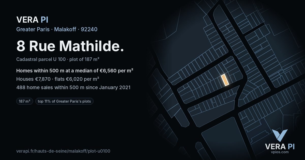 8 Rue Mathilde, Malakoff at night – the plot lit, the parcels around coloured by the prices near them