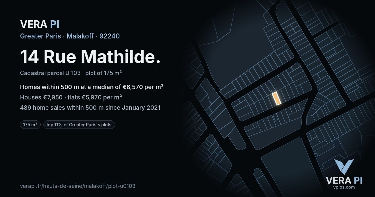 14 Rue Mathilde, Malakoff at night – the plot lit, the parcels around coloured by the prices near them