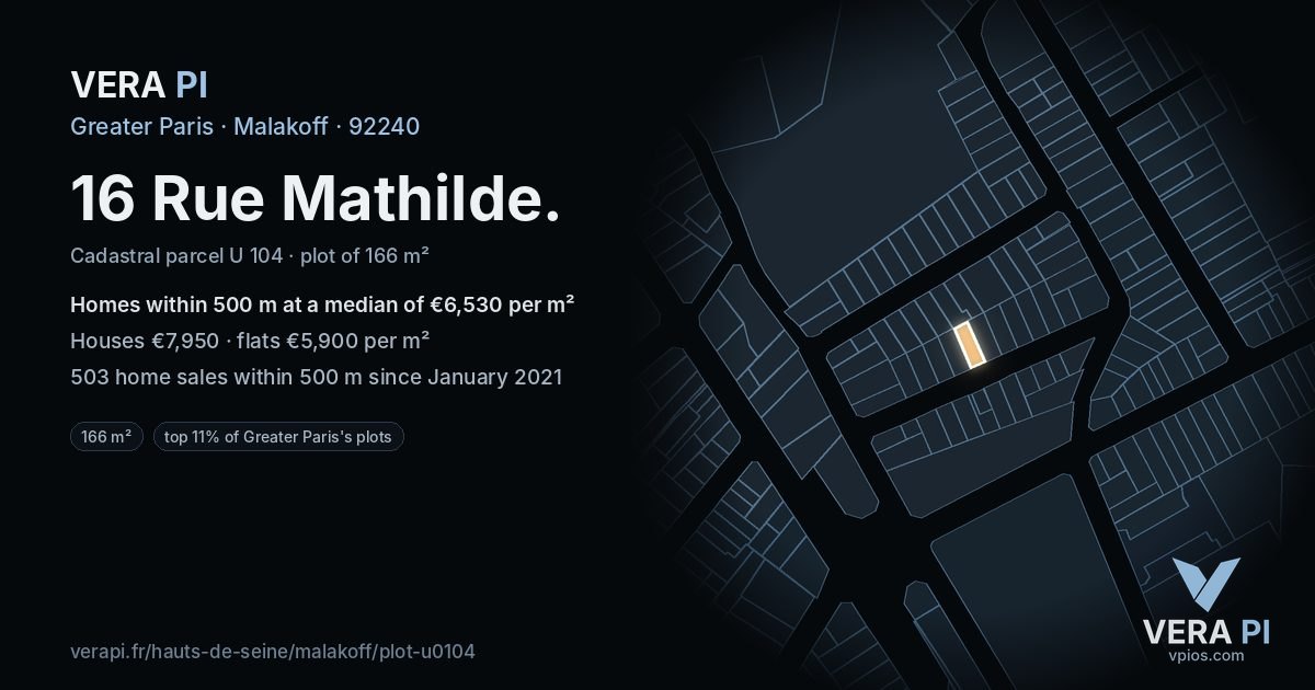 16 Rue Mathilde, Malakoff at night – the plot lit, the parcels around coloured by the prices near them