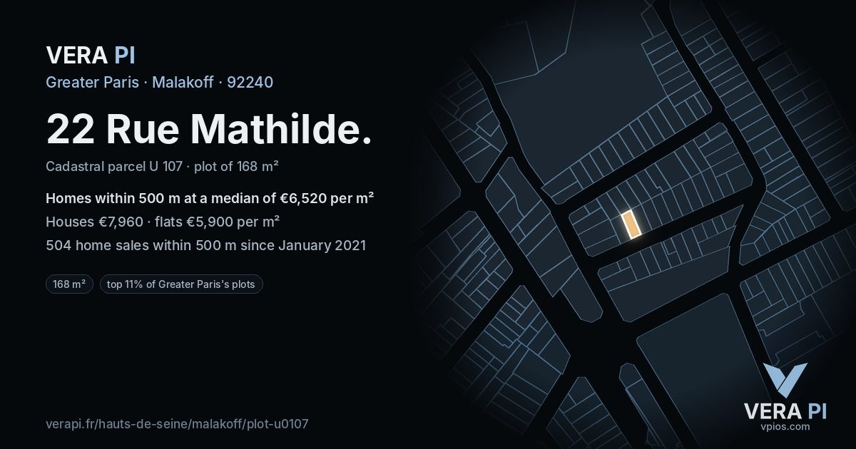 22 Rue Mathilde, Malakoff at night – the plot lit, the parcels around coloured by the prices near them