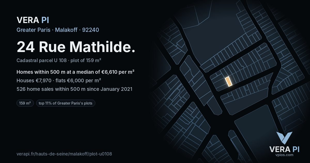 24 Rue Mathilde, Malakoff at night – the plot lit, the parcels around coloured by the prices near them