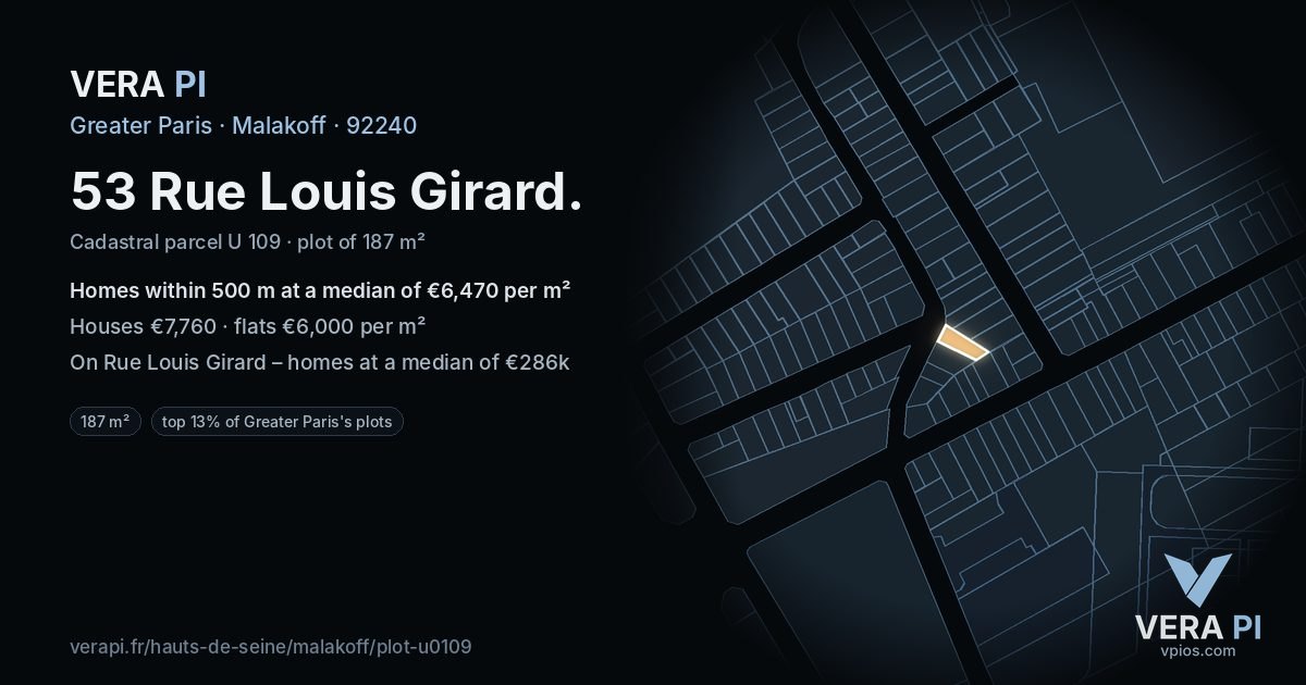 53 Rue Louis Girard, Malakoff at night – the plot lit, the parcels around coloured by the prices near them