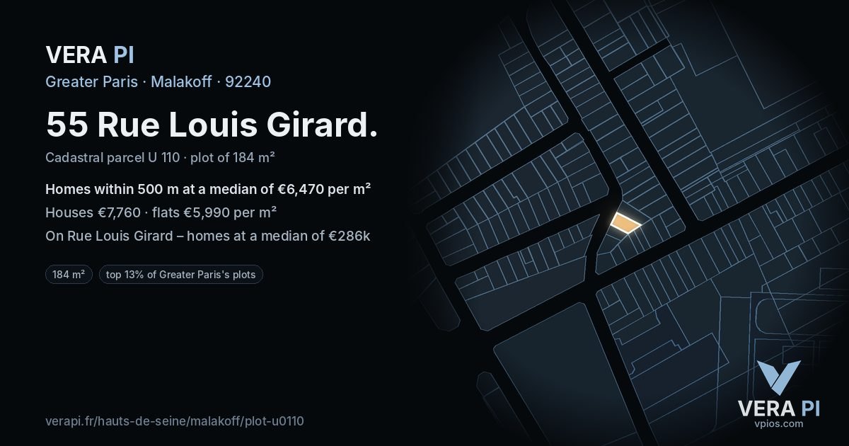 55 Rue Louis Girard, Malakoff at night – the plot lit, the parcels around coloured by the prices near them