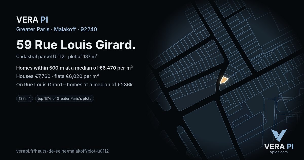 59 Rue Louis Girard, Malakoff at night – the plot lit, the parcels around coloured by the prices near them