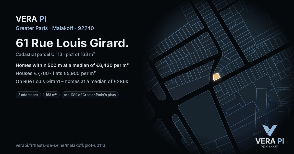 61 Rue Louis Girard, Malakoff at night – the plot lit, the parcels around coloured by the prices near them