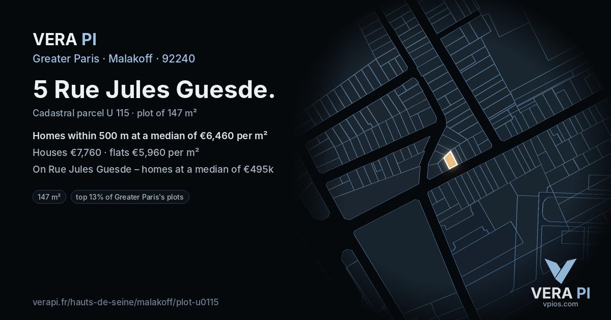 5 Rue Jules Guesde, Malakoff at night – the plot lit, the parcels around coloured by the prices near them