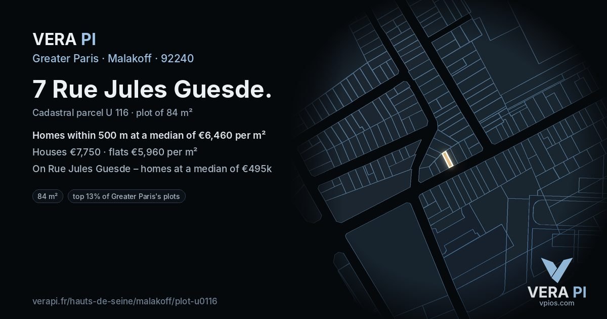 7 Rue Jules Guesde, Malakoff at night – the plot lit, the parcels around coloured by the prices near them
