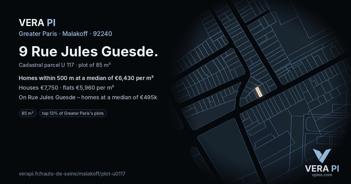 9 Rue Jules Guesde, Malakoff at night – the plot lit, the parcels around coloured by the prices near them