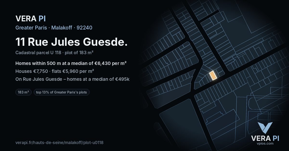 11 Rue Jules Guesde, Malakoff at night – the plot lit, the parcels around coloured by the prices near them
