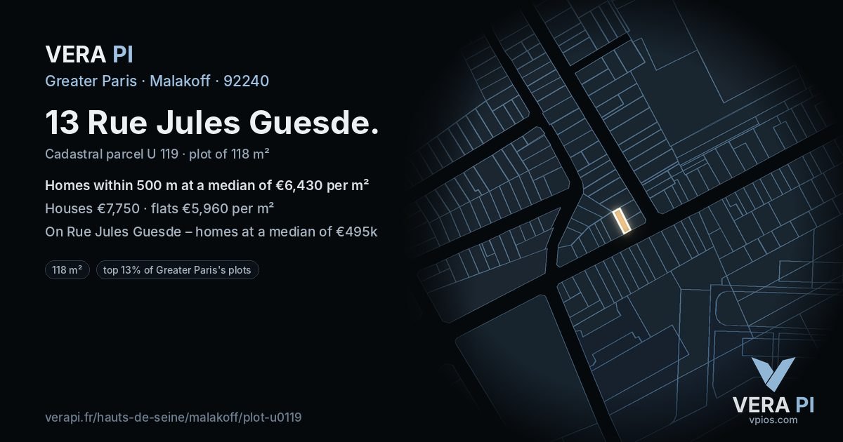 13 Rue Jules Guesde, Malakoff at night – the plot lit, the parcels around coloured by the prices near them
