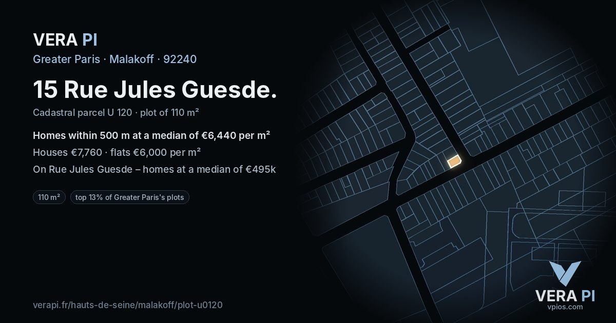 15 Rue Jules Guesde, Malakoff at night – the plot lit, the parcels around coloured by the prices near them