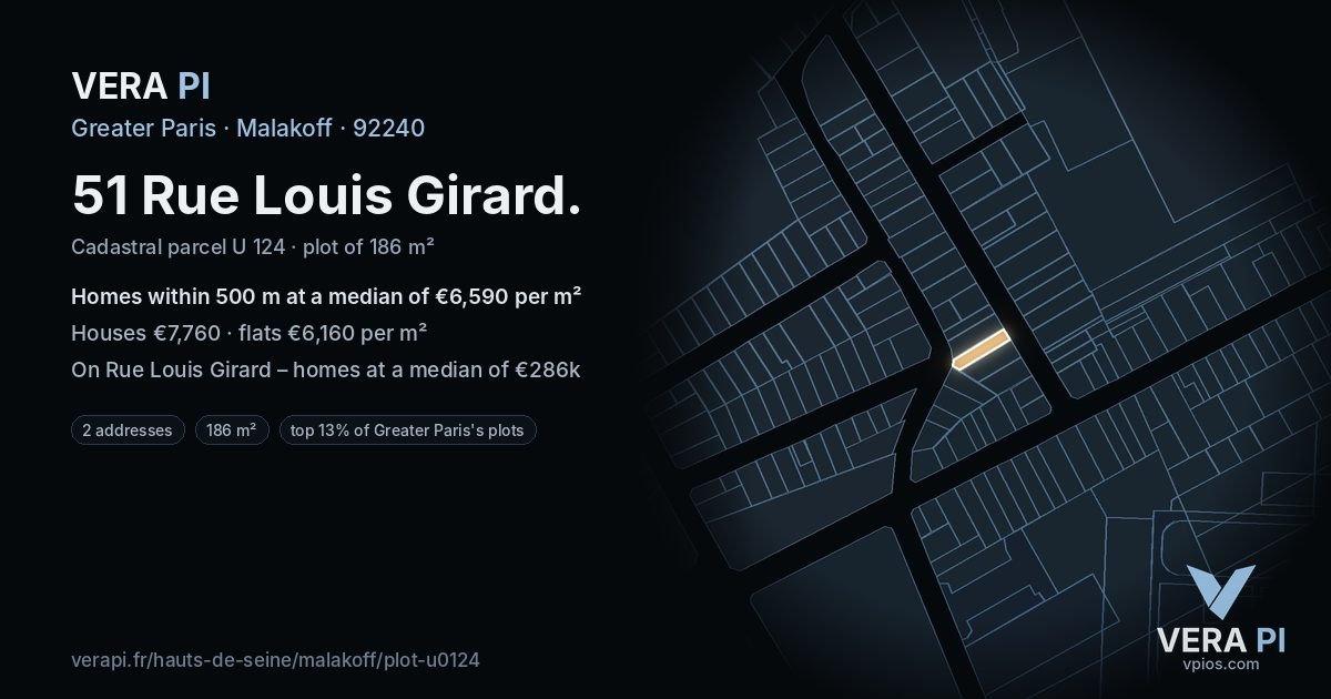 51 Rue Louis Girard, Malakoff at night – the plot lit, the parcels around coloured by the prices near them