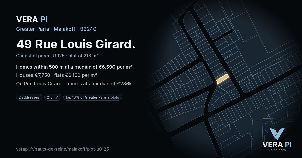 49 Rue Louis Girard, Malakoff at night – the plot lit, the parcels around coloured by the prices near them