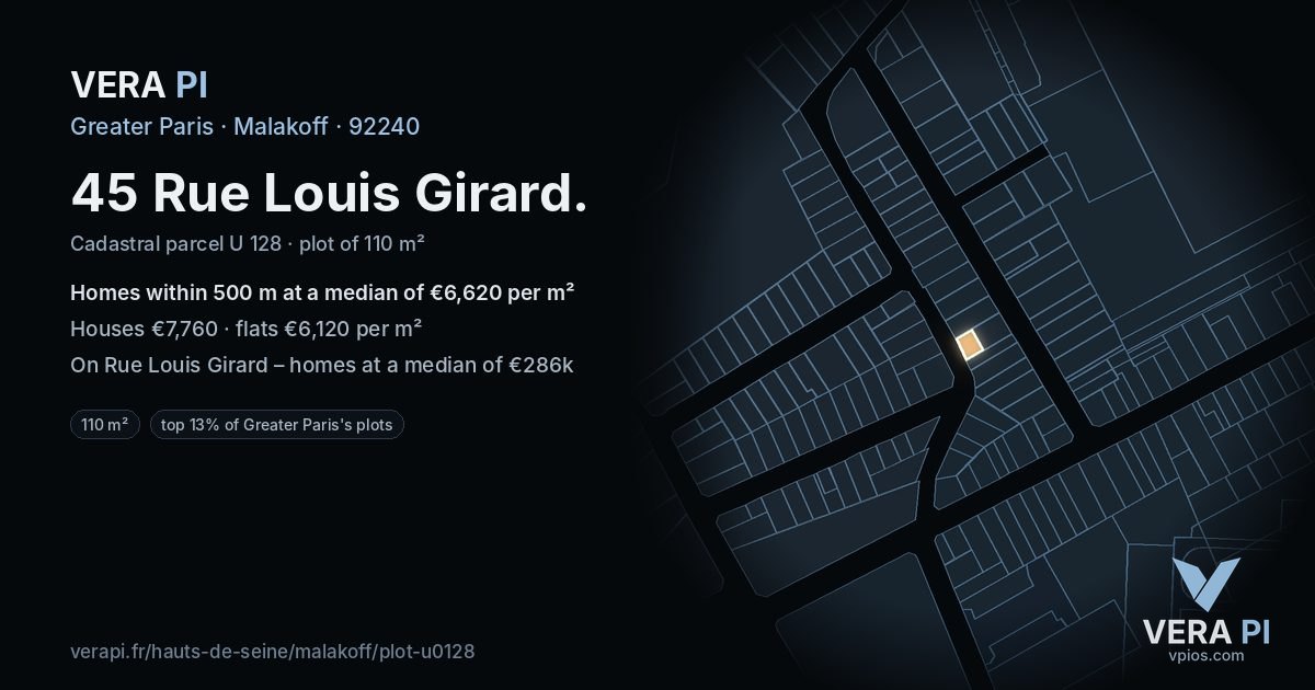 45 Rue Louis Girard, Malakoff at night – the plot lit, the parcels around coloured by the prices near them