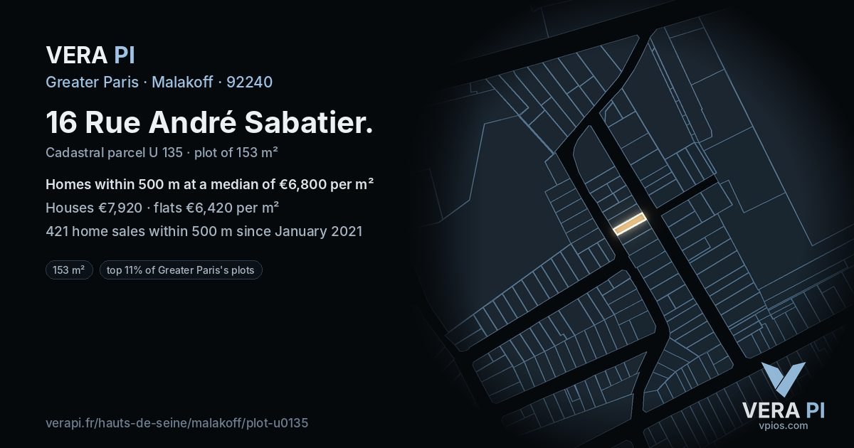 16 Rue André Sabatier, Malakoff at night – the plot lit, the parcels around coloured by the prices near them