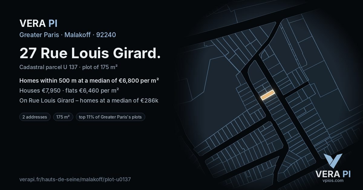 27 Rue Louis Girard, Malakoff at night – the plot lit, the parcels around coloured by the prices near them