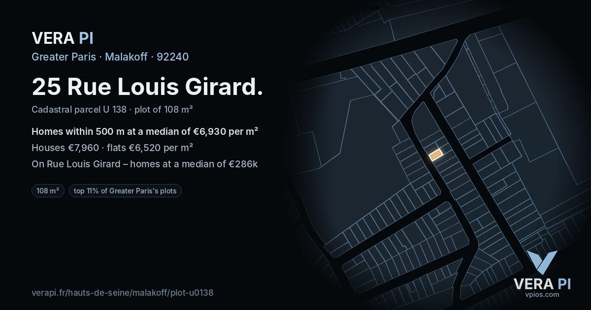 25 Rue Louis Girard, Malakoff at night – the plot lit, the parcels around coloured by the prices near them