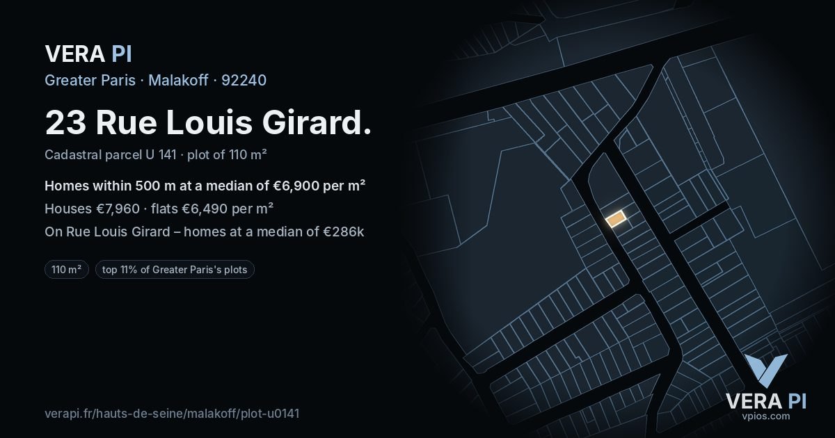 23 Rue Louis Girard, Malakoff at night – the plot lit, the parcels around coloured by the prices near them