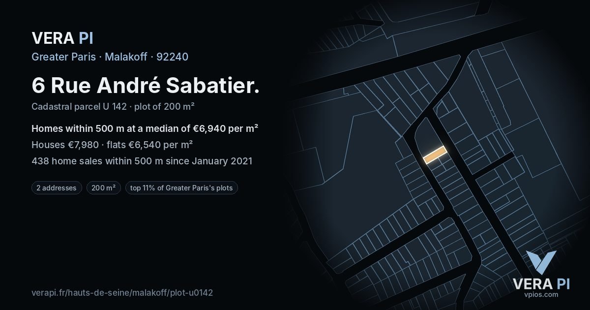 6 Rue André Sabatier, Malakoff at night – the plot lit, the parcels around coloured by the prices near them