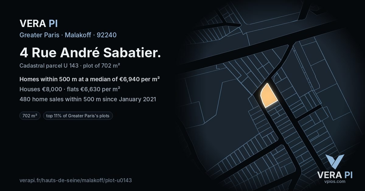 4 Rue André Sabatier, Malakoff at night – the plot lit, the parcels around coloured by the prices near them