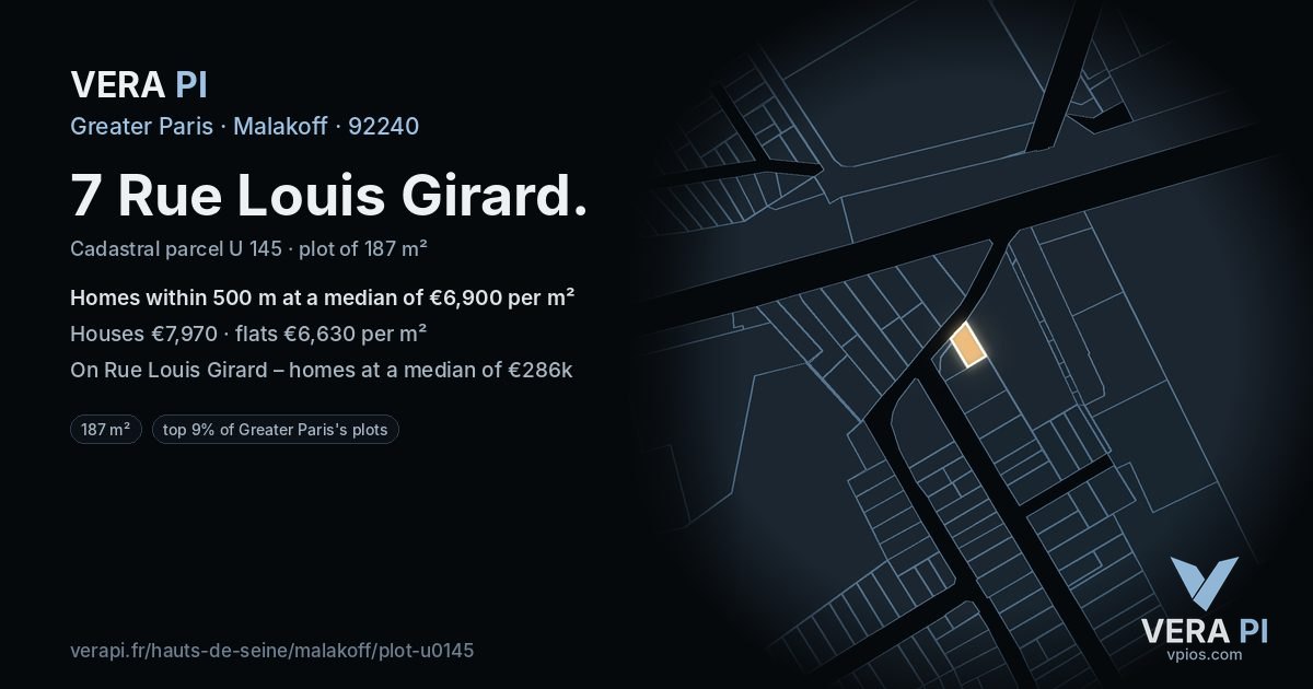 7 Rue Louis Girard, Malakoff at night – the plot lit, the parcels around coloured by the prices near them