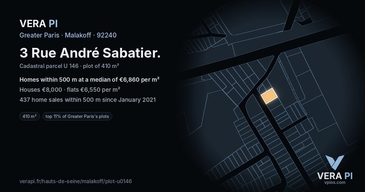 3 Rue André Sabatier, Malakoff at night – the plot lit, the parcels around coloured by the prices near them