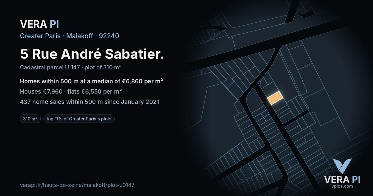 5 Rue André Sabatier, Malakoff at night – the plot lit, the parcels around coloured by the prices near them