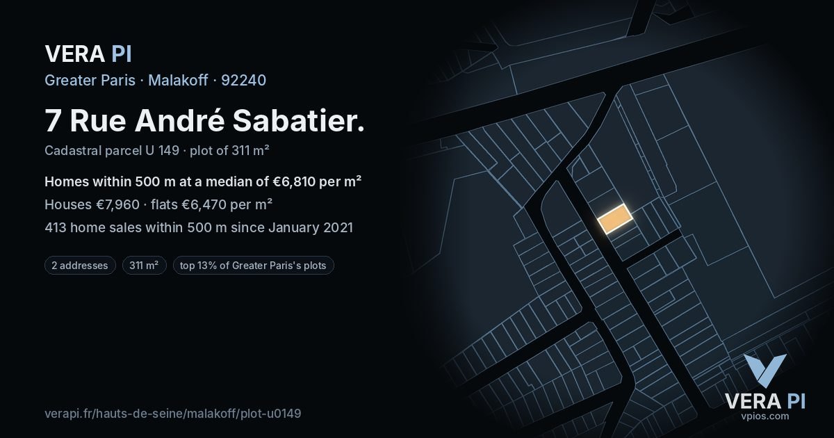 7 Rue André Sabatier, Malakoff at night – the plot lit, the parcels around coloured by the prices near them