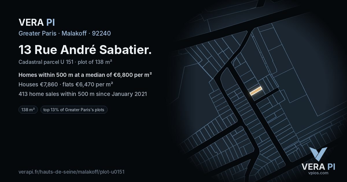 13 Rue André Sabatier, Malakoff at night – the plot lit, the parcels around coloured by the prices near them
