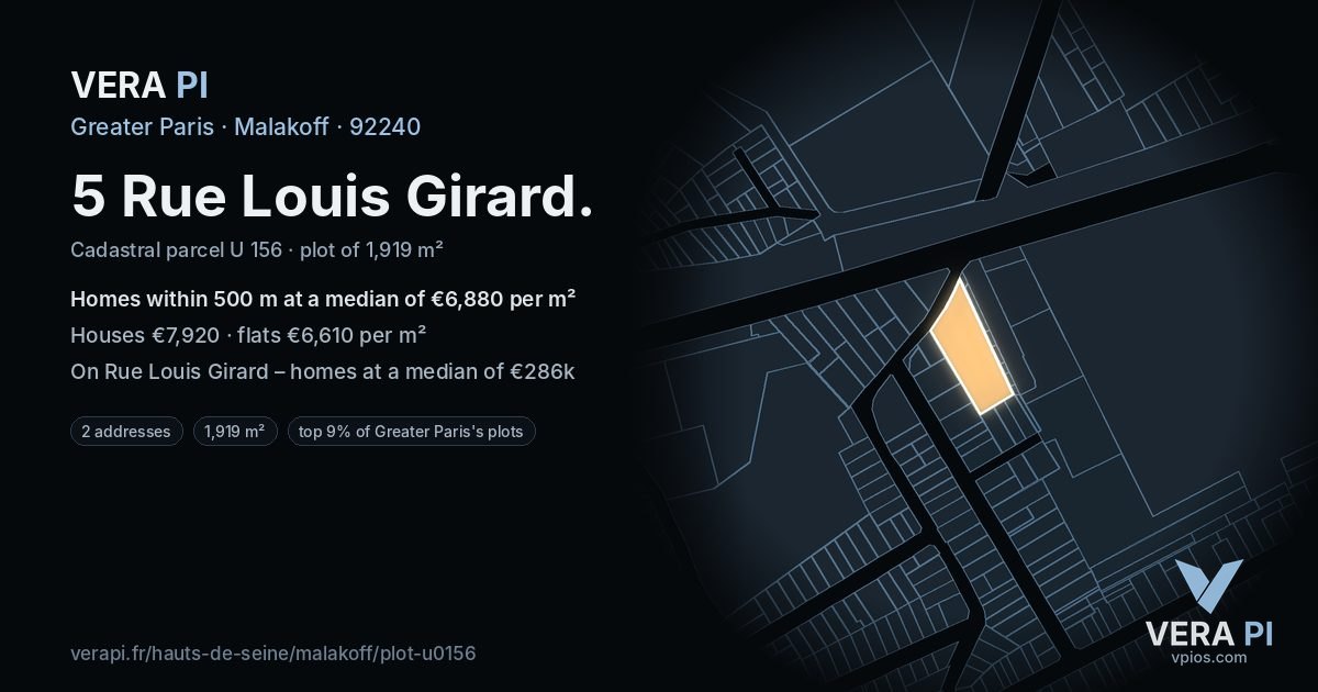 5 Rue Louis Girard, Malakoff at night – the plot lit, the parcels around coloured by the prices near them