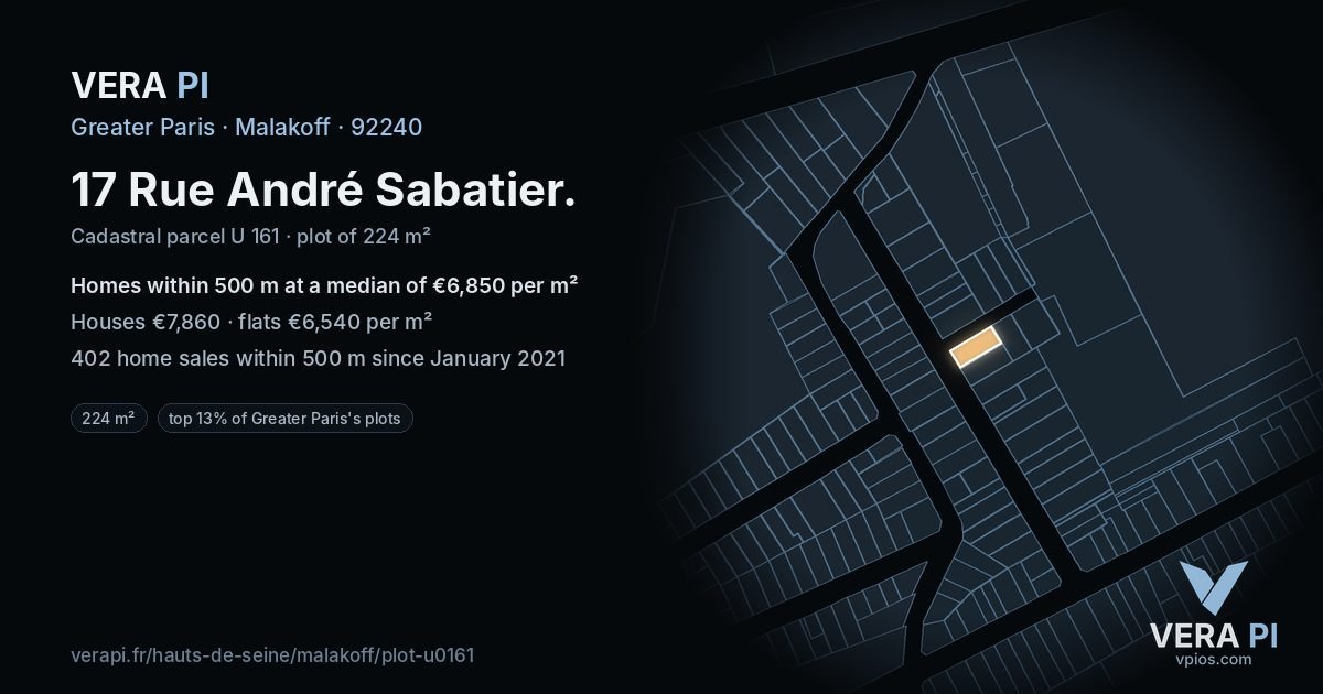 17 Rue André Sabatier, Malakoff at night – the plot lit, the parcels around coloured by the prices near them