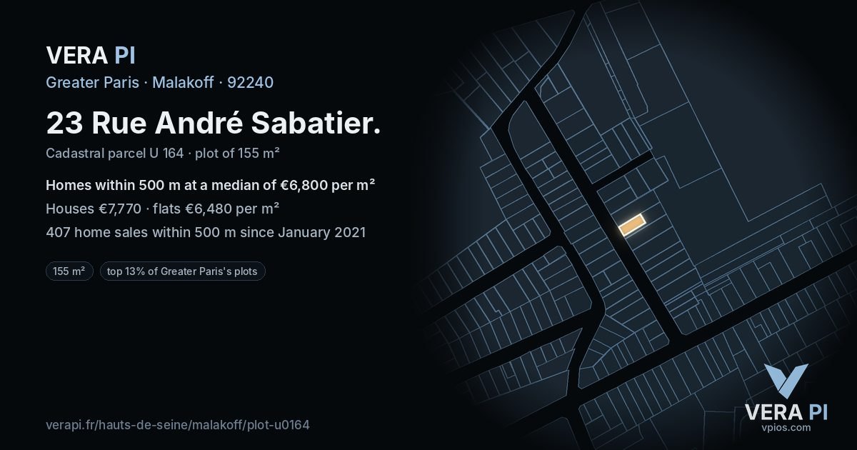 23 Rue André Sabatier, Malakoff at night – the plot lit, the parcels around coloured by the prices near them