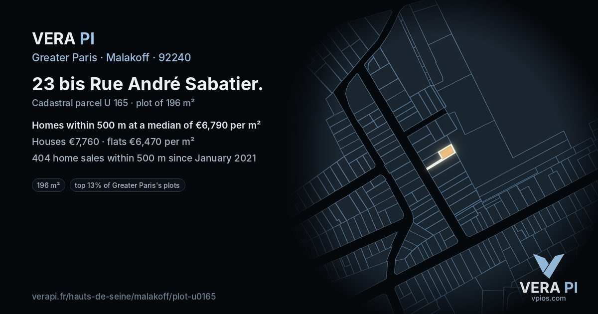 23 bis Rue André Sabatier, Malakoff at night – the plot lit, the parcels around coloured by the prices near them