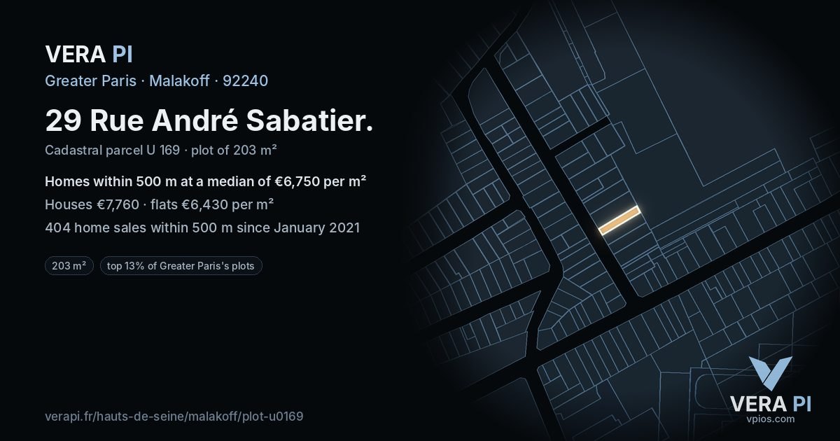 29 Rue André Sabatier, Malakoff at night – the plot lit, the parcels around coloured by the prices near them