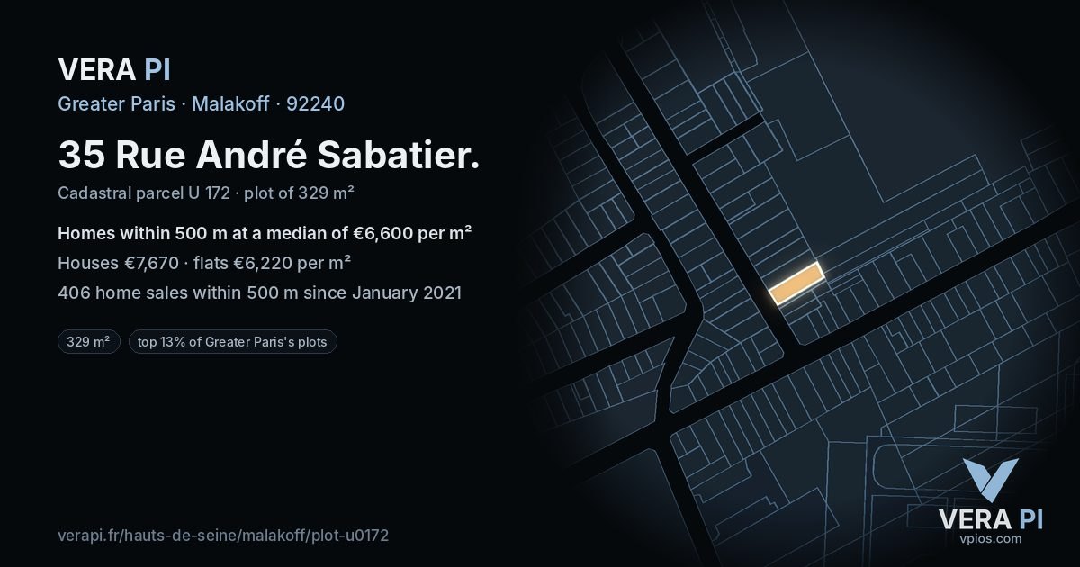 35 Rue André Sabatier, Malakoff at night – the plot lit, the parcels around coloured by the prices near them