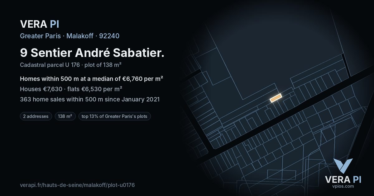 9 Sentier André Sabatier, Malakoff at night – the plot lit, the parcels around coloured by the prices near them