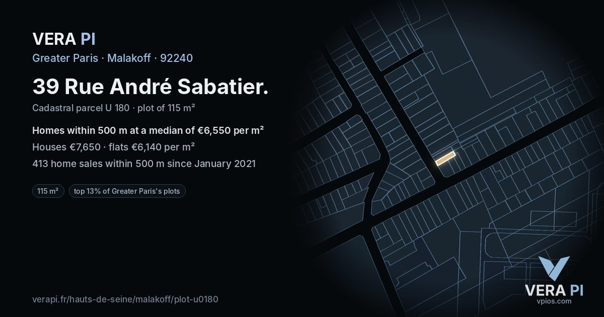 39 Rue André Sabatier, Malakoff at night – the plot lit, the parcels around coloured by the prices near them
