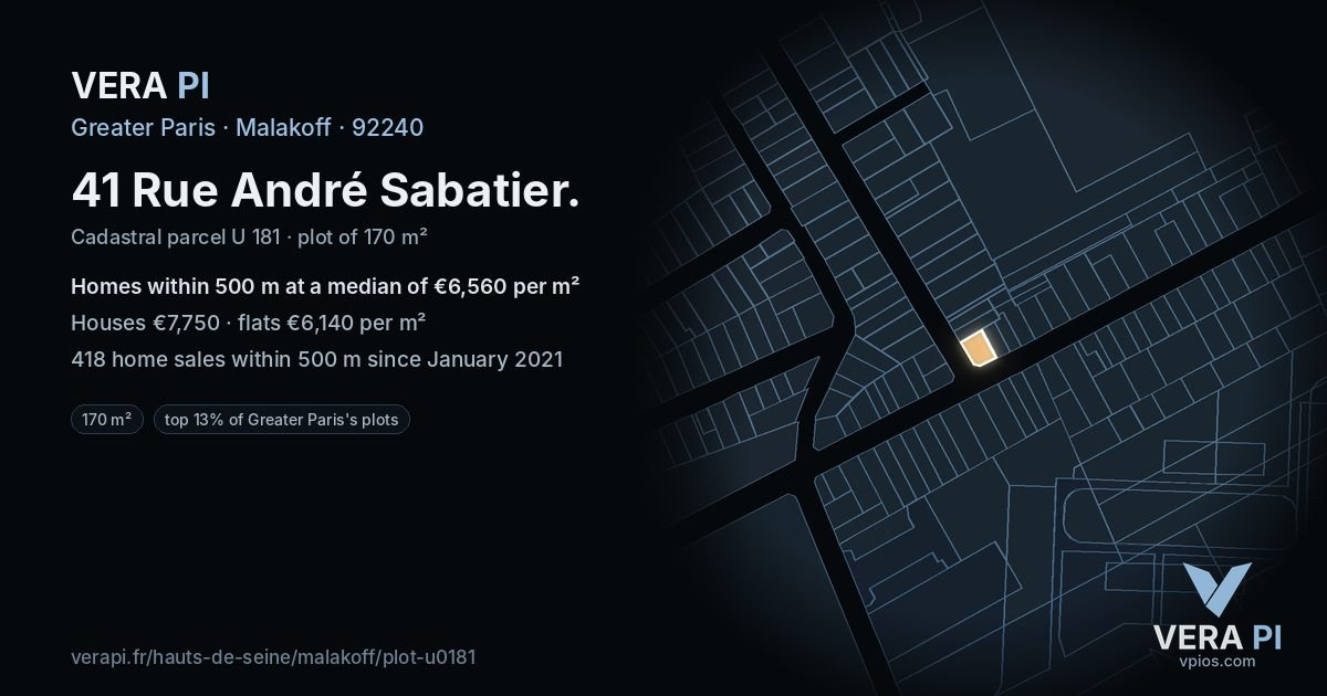 41 Rue André Sabatier, Malakoff at night – the plot lit, the parcels around coloured by the prices near them