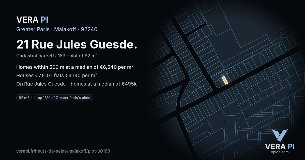 21 Rue Jules Guesde, Malakoff at night – the plot lit, the parcels around coloured by the prices near them