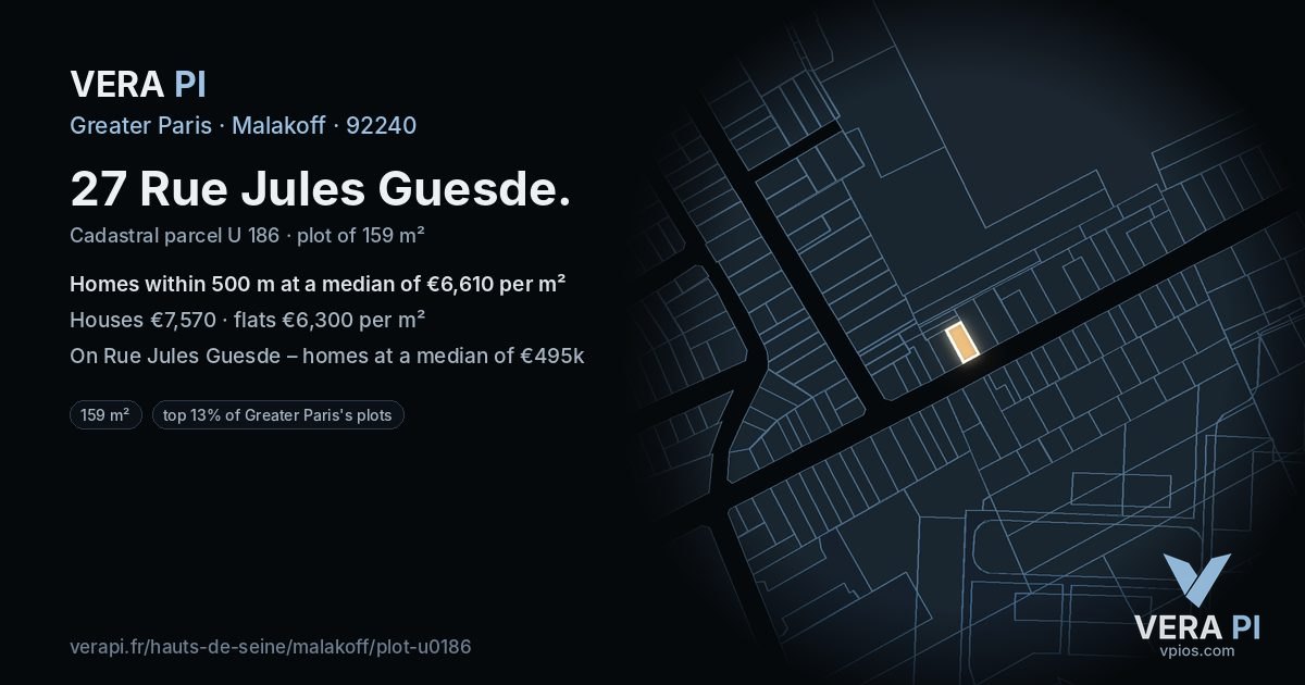 27 Rue Jules Guesde, Malakoff at night – the plot lit, the parcels around coloured by the prices near them