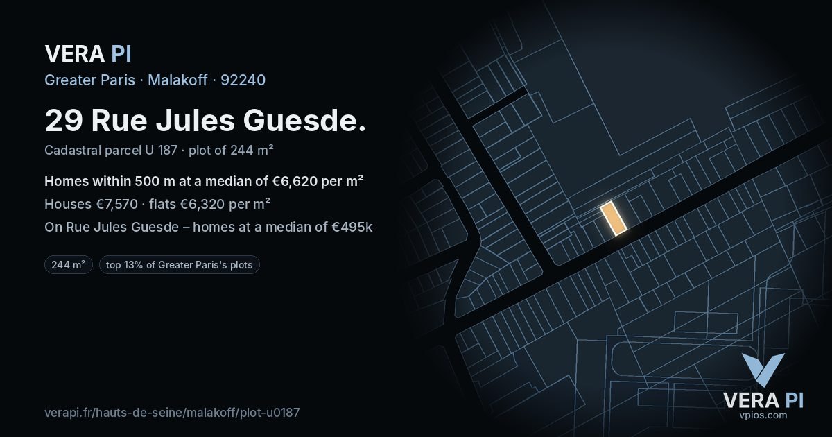 29 Rue Jules Guesde, Malakoff at night – the plot lit, the parcels around coloured by the prices near them